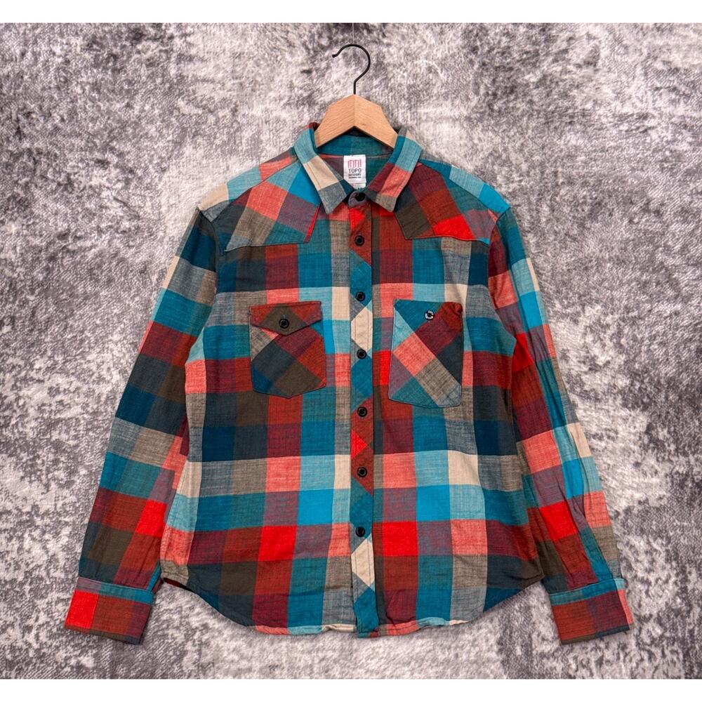 TOPO Designs Flannel Work Shirt Medium Mens Check Plaid Long Sleeve